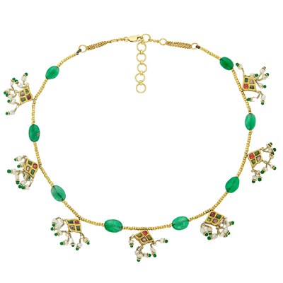 Lot 1161 - Indian Gold, Emerald Bead, Foil-Backed Diamond, Paste and Freshwater Pearl Fringe Necklace