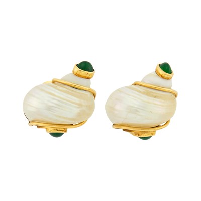 Lot 1141 - Seaman Schepps Pair of Gold, Shell and Green Onyx 'Turbo Shell' Earclips