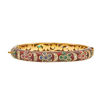 Lot 1156 - Gold, Red Enamel, Diamond, Ruby, Sapphire and Emerald Bangle Bracelet