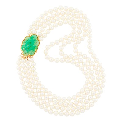 Lot 2164 - Four Strand Cultured Pearl Necklace with Gold and Carved Jade Clasp