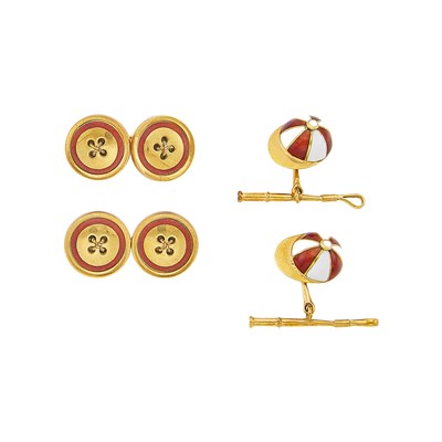 Lot 1184 - Gucci Pair of Gold and Red Enamel Button Cufflinks and Pair of Gold and Enamel Jockey Cap Cufflinks, France