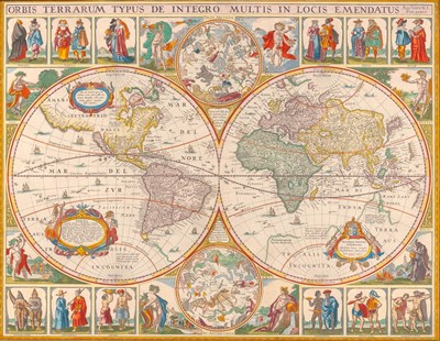 Lot A finely colored example of Visscher's double hemisphere world map, with a figured border