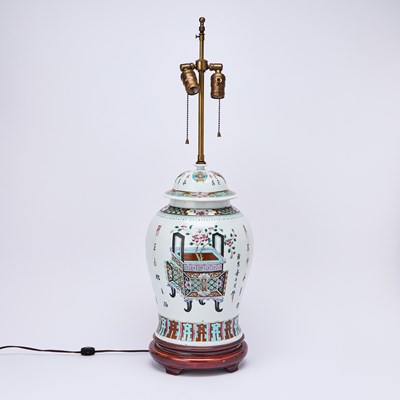 Lot 111 - Chinese Porcelain Polychrome Decorated Covered Jar Mounted as a Lamp