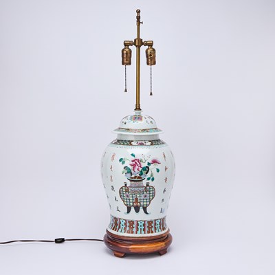 Lot 111 - Chinese Porcelain Polychrome Decorated Covered Jar Mounted as a Lamp
