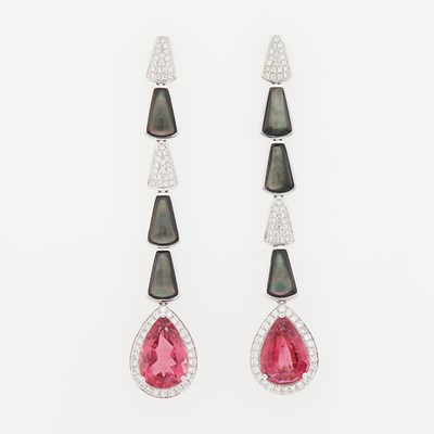 Lot 2116 - White Gold, Pink Tourmaline, Mother-of-Pearl and Diamond Pendant-Earrings