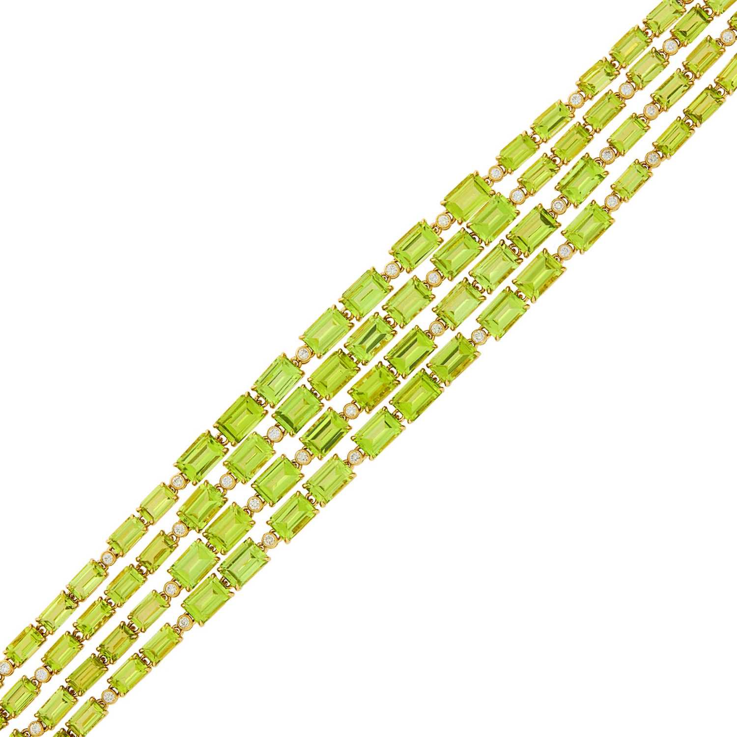 Lot 116 - Four Strand Gold, Peridot and Diamond Bracelet
