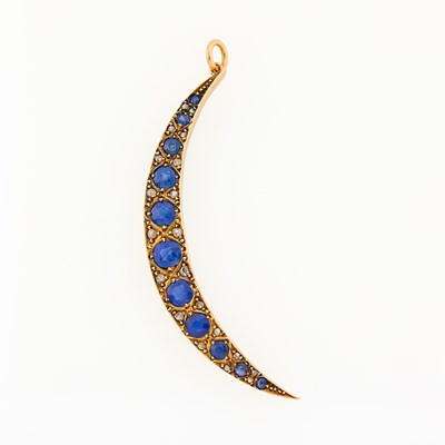 Lot 2243 - Low Karat Gold, Silver, Sapphire and Diamond Crescent Pendant