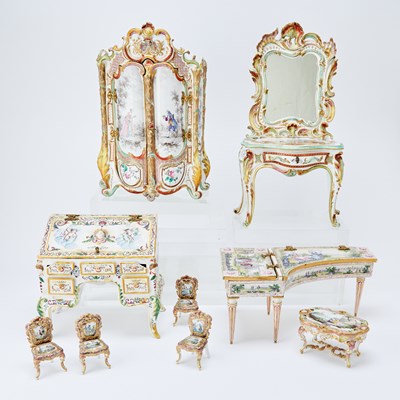 Lot 75 - Group of Nine French Faience Miniature Furniture Articles