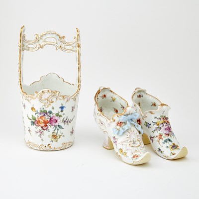 Lot 76 - Two Dresden Porcelain Shoes with a Dresden Style Water Bucket