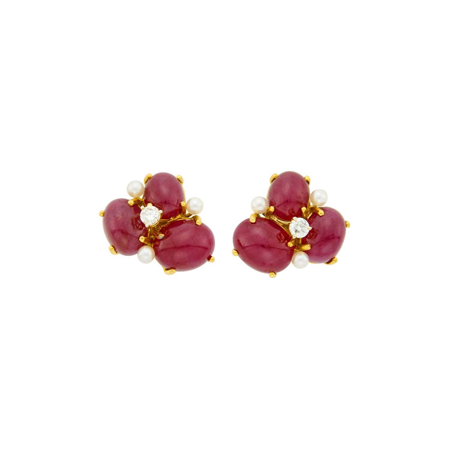 Lot 13 - Seaman Schepps Pair of Gold, Cabochon Ruby, Diamond and Cultured Pearl 'Bubble' Earrings