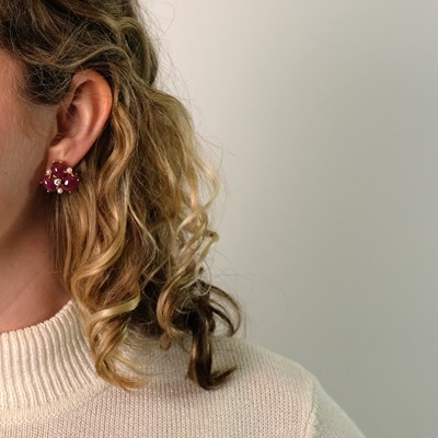 Lot 13 - Seaman Schepps Pair of Gold, Cabochon Ruby, Diamond and Cultured Pearl 'Bubble' Earrings