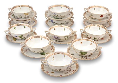 Lot 169 - Set of Twelve Royal Copenhagen Flora Danica Type Porcelain Two-Handled Soup Bowls and Saucers