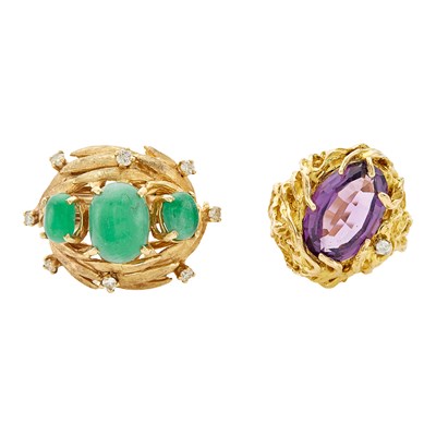 Lot 2168 - Two Gold, Cabochon Emerald, Amethyst and Diamond Rings