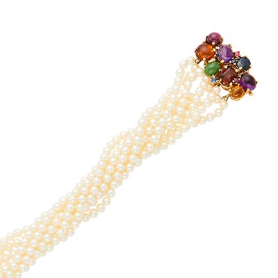 Lot 2300 - Multistrand Cultured Pearl Bracelet with Gold and Colored Stone Clasp and Pair of Pearl Fringe Pendant-Earrings