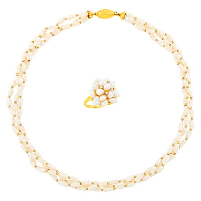 Lot 2173 - Gold, Freshwater Pearl and Diamond Ring and Triple Strand Necklace