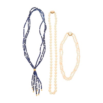 Lot 2306 - Two Angel Skin Coral Bead Necklaces with Gold Clasps and Gold, Lapis Bead and Cultured Pearl Tassel Necklace