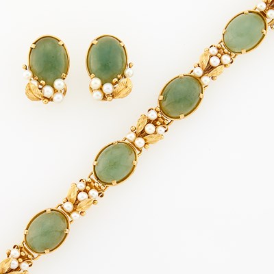 Lot 2154 - Gold, Cabochon Nephrite and Cultured Pearl Bracelet and Pair of Earclips