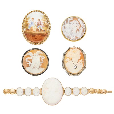 Lot 2295 - Four Yellow and Rose Gold, Silver, Metal, Shell Cameo, Porcelain, Seed Pearl and Diamond Brooches and Bracelet