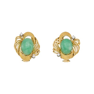 Lot 1237 - Pair of Gold, Jade and Diamond Earclips