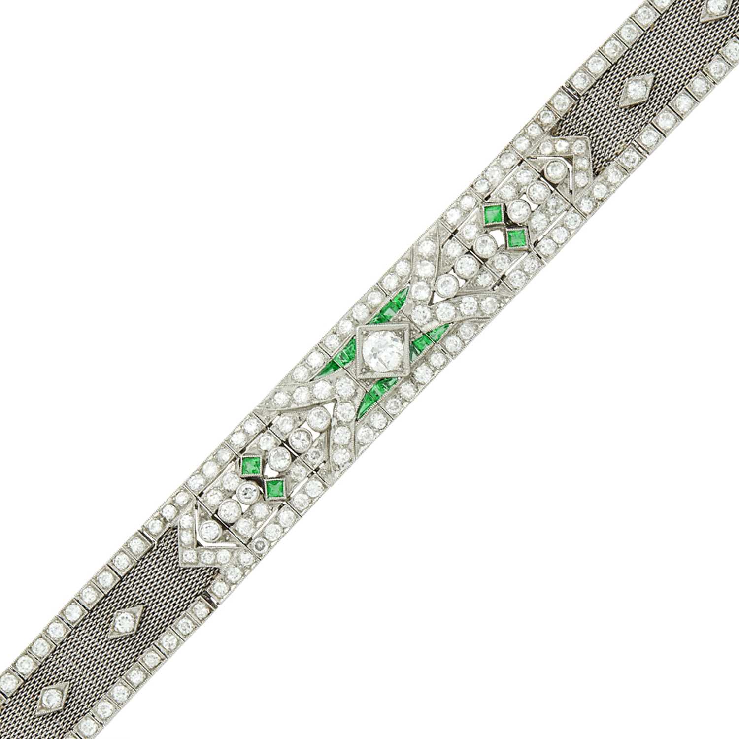 Lot 78 - Platinum, Diamond and Emerald Mesh Bracelet