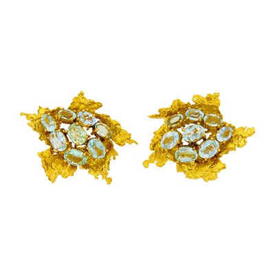 Lot 1125 - Pair of Gold and Aquamarine Earclips