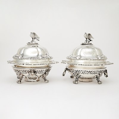 Lot 248 - Pair of Victorian Sterling Silver Covered Entree Dishes on Sheffield Plated Stands