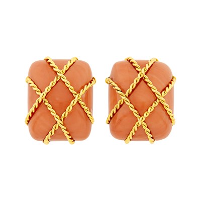 Lot 7 - Seaman Schepps Pair of Gold and Coral 'Caged' Earclips