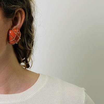 Lot 7 - Seaman Schepps Pair of Gold and Coral 'Caged' Earclips