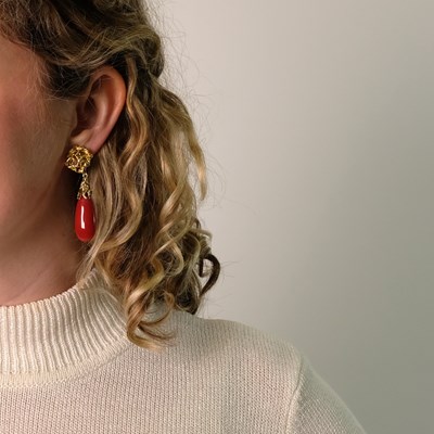 Lot 178 - Pair of Gold and Oxblood Coral Pendant-Earclips