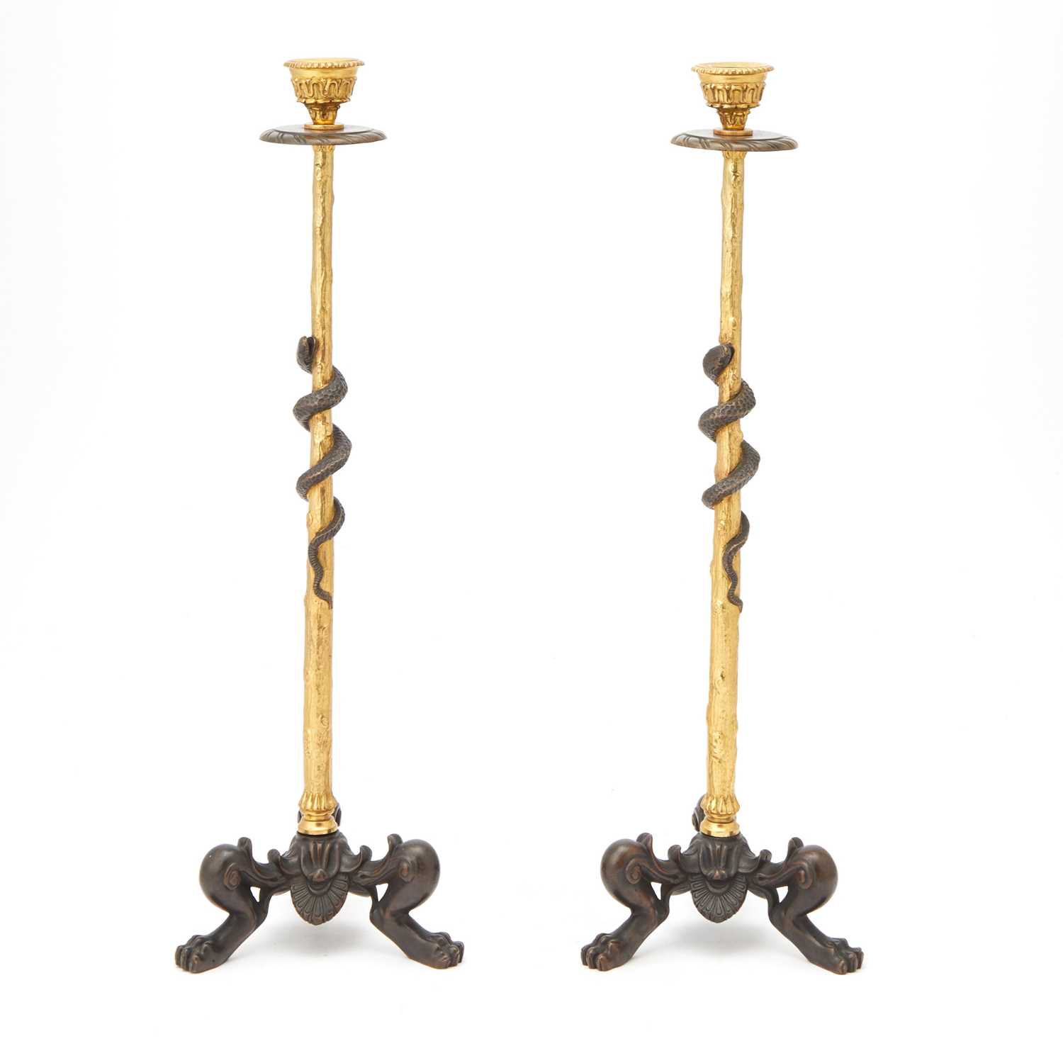Lot 199 - Pair of Gilt and Patinated Bronze Candlesticks, After the Antique