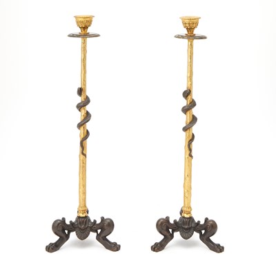 Lot 199 - Pair of Gilt and Patinated Bronze Candlesticks, After the Antique