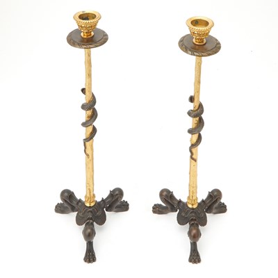 Lot 199 - Pair of Gilt and Patinated Bronze Candlesticks, After the Antique