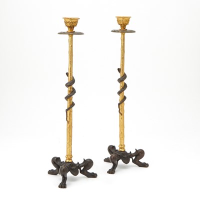 Lot 199 - Pair of Gilt and Patinated Bronze Candlesticks, After the Antique