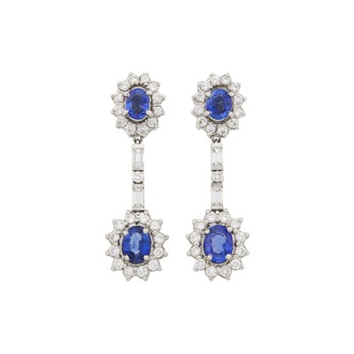 Lot 1065 - Pair of White Gold, Sapphire and Diamond Pendant-Earrings