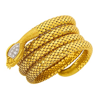 Lot 1140 - Gold and Diamond Coiled Serpent Bracelet