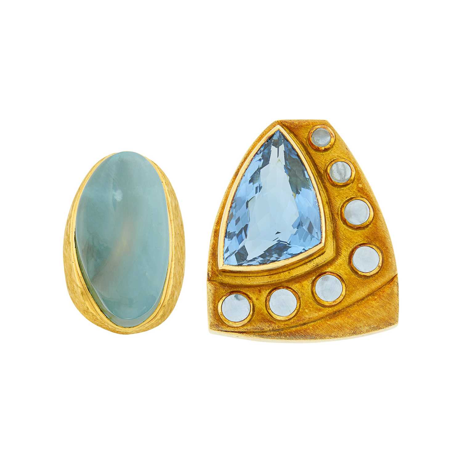 Lot 93 - Gold and Carved Aquamarine and Burle Marx Gold, Blue Topaz and Cabochon Aquamarine Pendant-Brooch