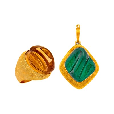 Lot 1040 - Burle Marx Gold and Carved Cabochon Green Tourmaline Pendant and Citrine Ring