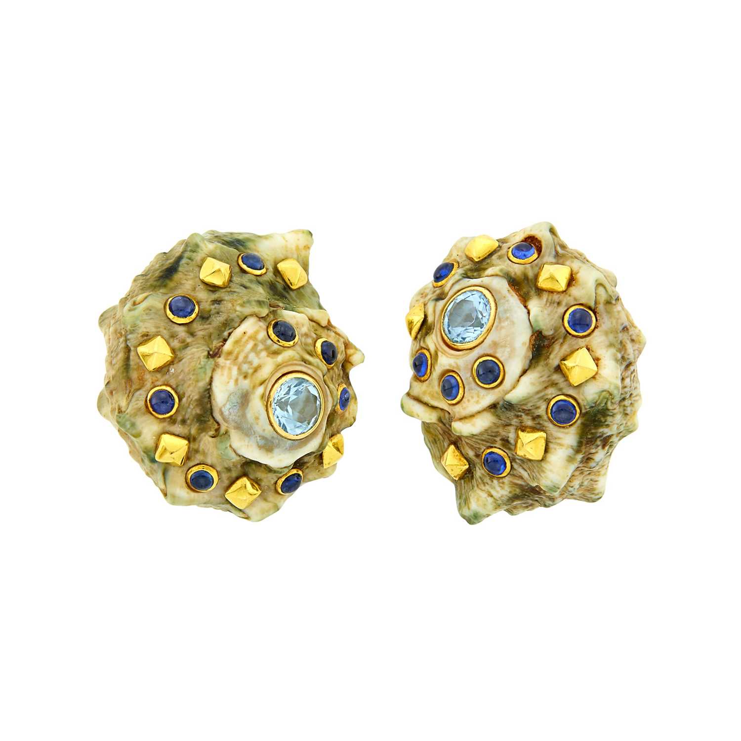 Lot 152 - Trianon Pair of Gold, Shell, Blue Topaz and Cabochon Sapphire Earclips