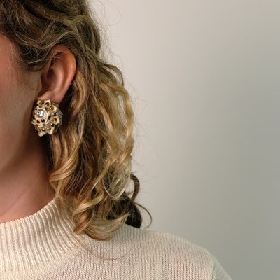 Lot 152 - Trianon Pair of Gold, Shell, Blue Topaz and Cabochon Sapphire Earclips