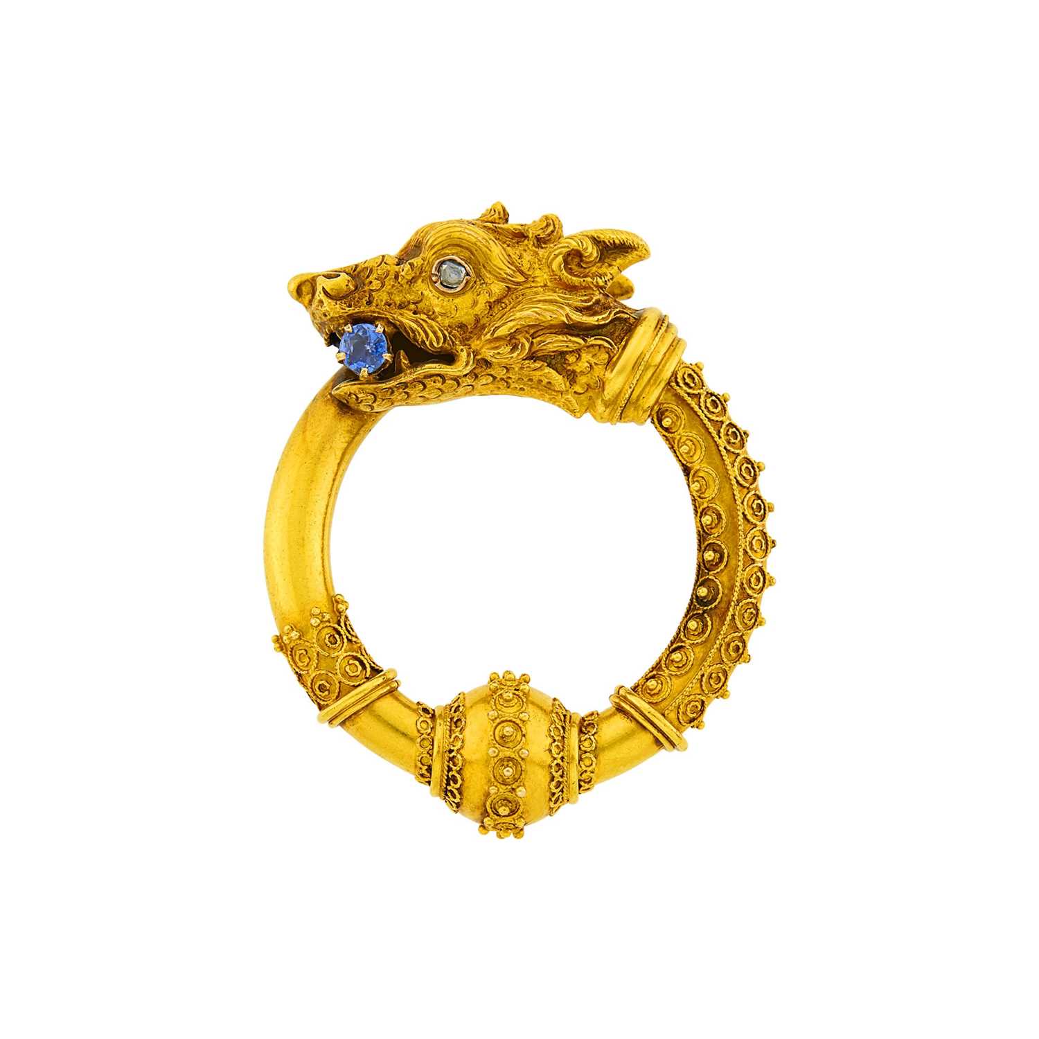 Lot 70 - Etruscan Revival Gold, Sapphire and Diamond Animal Head Circle Brooch