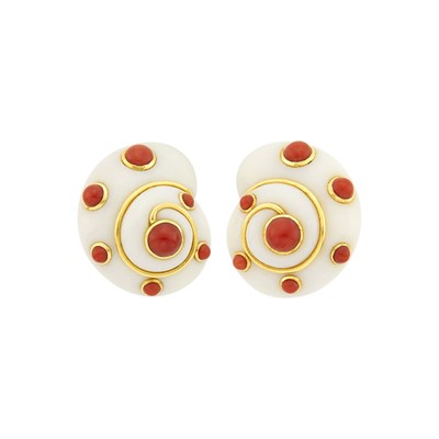 Lot 1 - Verdura Pair of Gold, White Cacholong and Coral Shell Earclips