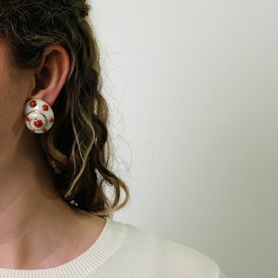 Lot 1 - Verdura Pair of Gold, White Cacholong and Coral Shell Earclips