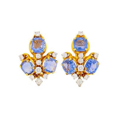 Lot 1165 - Pair of Two-Color Gold, Sapphire and Diamond Earclips