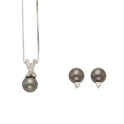 Lot 2099 - Mikimoto Pair of Platinum, Black Tahitian Cultured Pearl and Diamond Earrings and Pendant with Chain Necklace