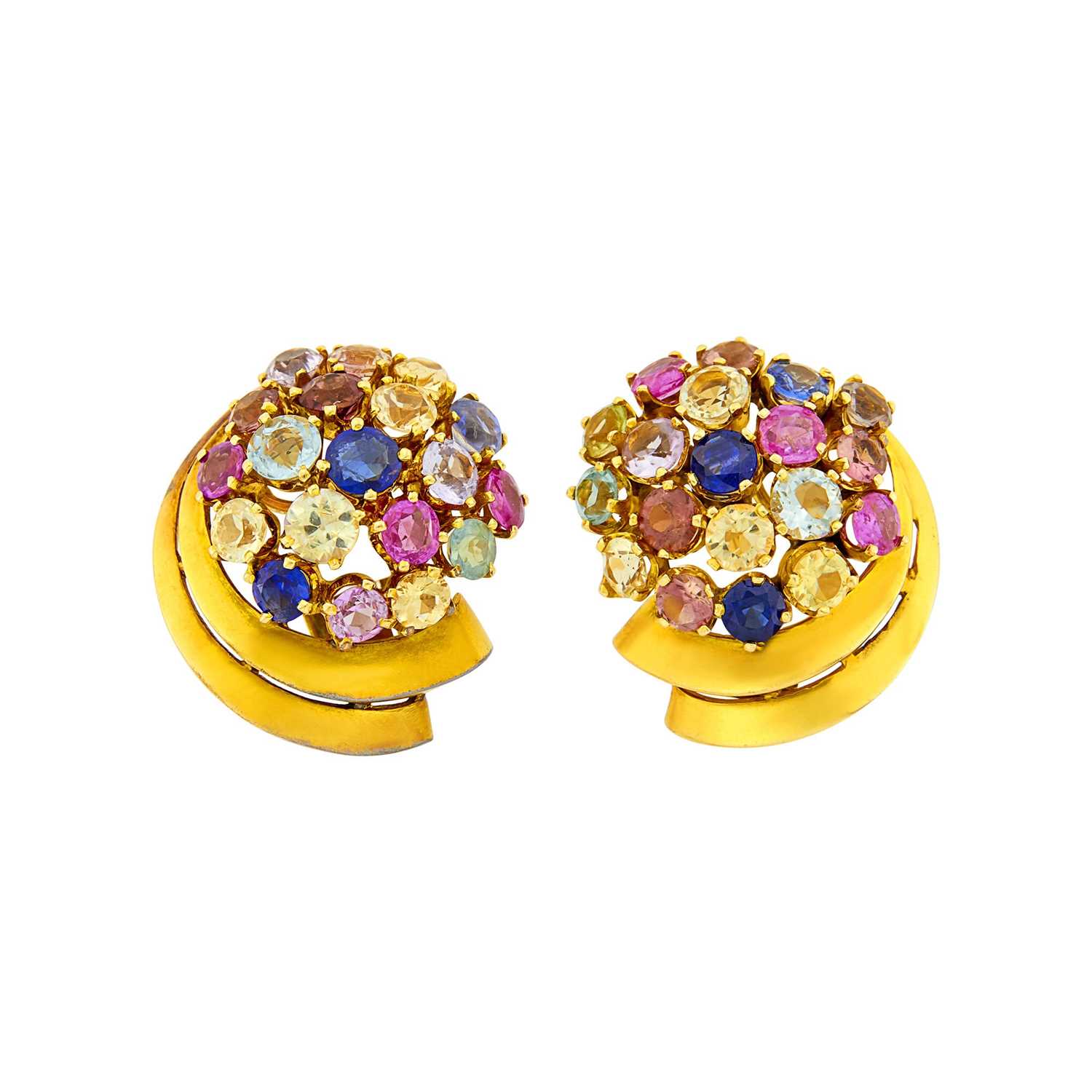 Lot 16 - Pair of Gold and Multicolored Colored Stone Earclips