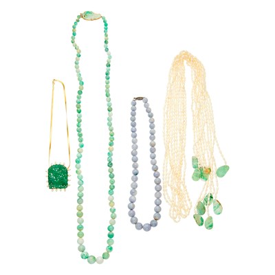 Lot 2310 - Long Jade Bead Necklace, Lavender Jade Bead Necklace, Carved Jade Pendant with Gold Chain Necklace and Freshwater Pearl Strands