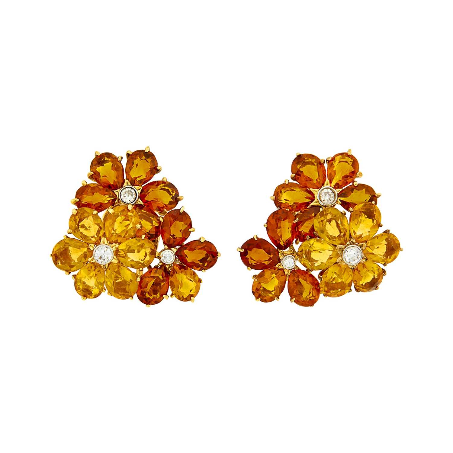 Lot 97 - Pair of Gold, Multiciolored Citrine and Diamond Flower Earclips