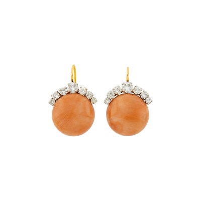 Lot 1019 - Pair of Gold, Angel Skin Coral and Diamond Earrings