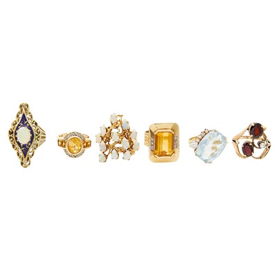 Lot 2286 - Six Yellow and Rose Gold, Gem-Set, Enamel, Diamond and Simulated Stone Rings