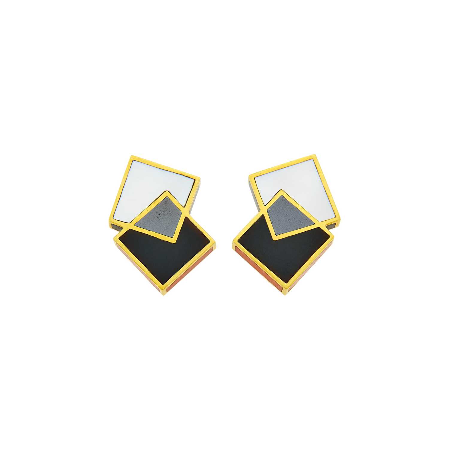 Lot 163 - Angela Cummings Pair of Gold, Black Jade, Hematite, Mother-of-Pearl and Coral Stacked Square Earclips